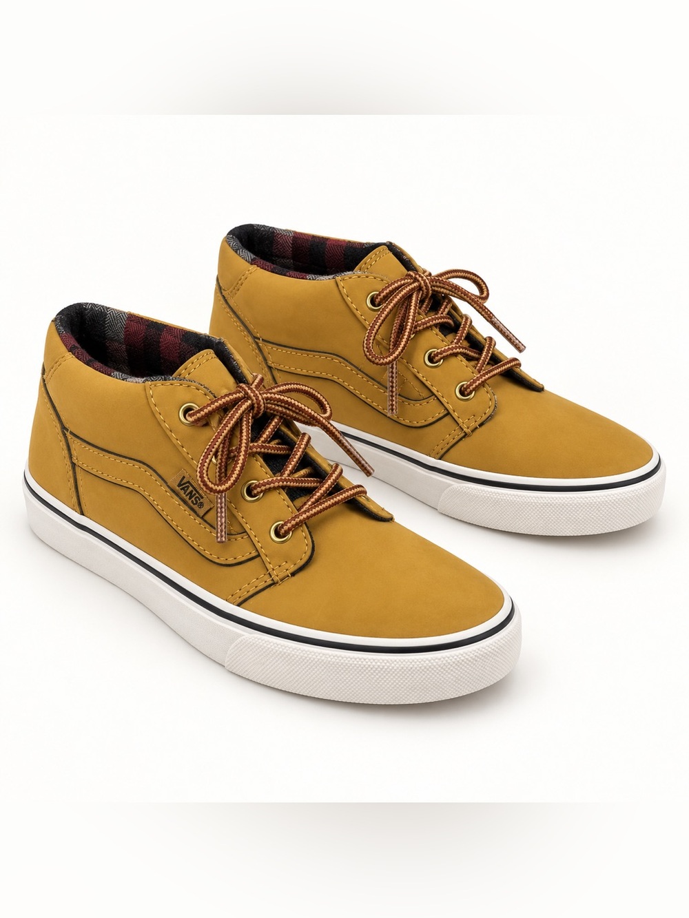 Vans Off The Wall Youth Size 2.5 Light Brown Leather Flannel Lined Shoes